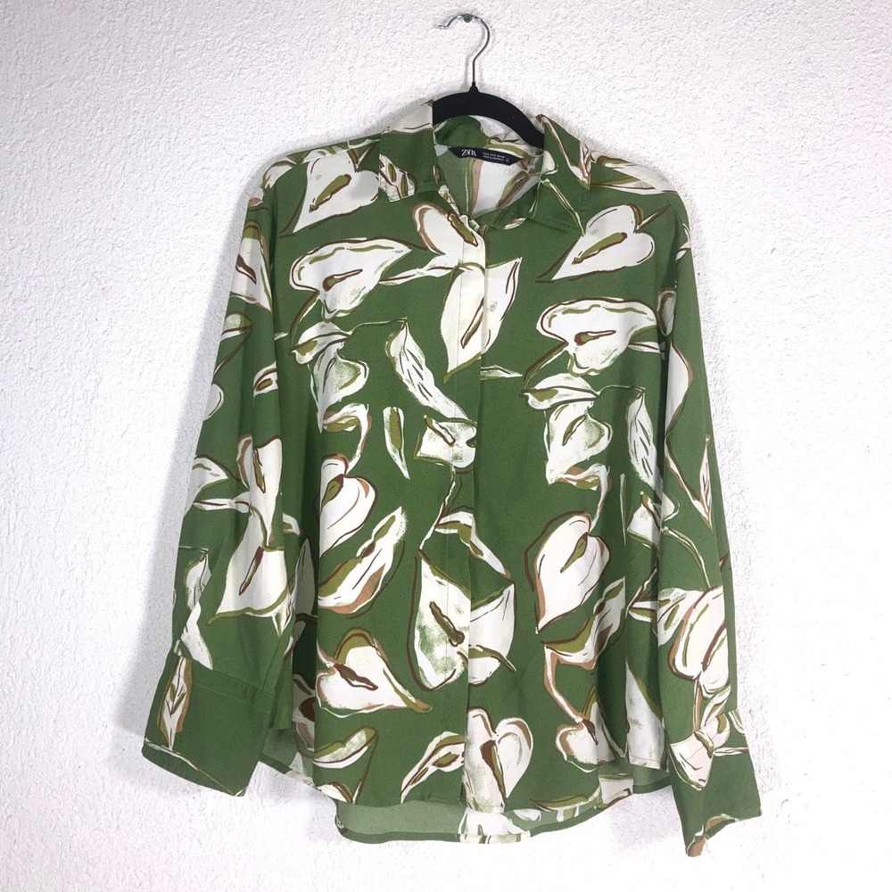 Zara Green White Tropical Leaf Print Button Down Shirt Blouse 0796/252 L
